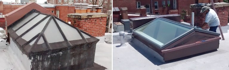 Before and After peaked skylight replacement